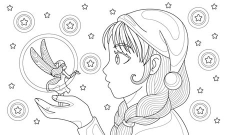 Girl hold and look at little magic fairy children fairytale. Christmas coloring book page for adult with doodle elements. Vector hand drawn isolated.のイラスト素材