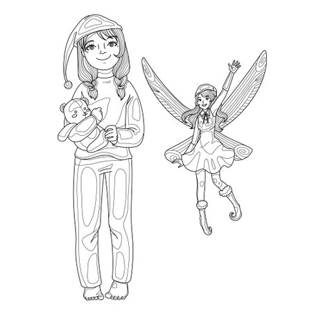 Vector characters of little girl in pyjamas with toy and magic fairy in santa hat greeting. Coloring book page for children with doodle elements.のイラスト素材