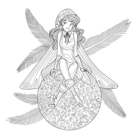 Fairy in santa hat sit on Christmas ball and smiles. Christmas coloring book page for adult with doodle  elements. Vector hand drawn isolated.のイラスト素材