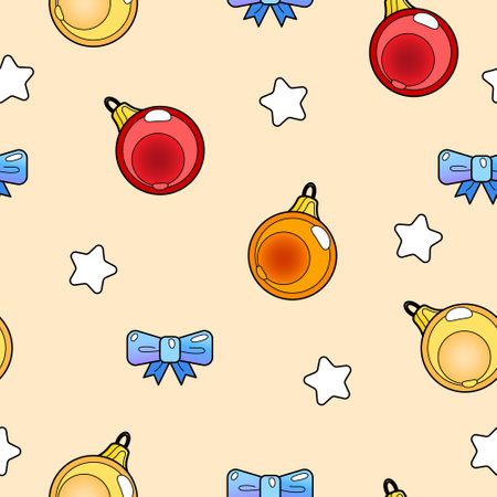 Holiday seamless pattern with christmas balls, stars, bows for wrapping paper, wallpaper, print, party, postcards. vector illustration.のイラスト素材