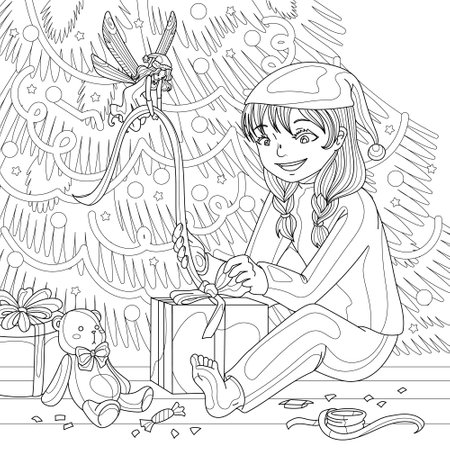 Girl packing gifts with fairy near Christmas tree at home for holidays. Coloring book page for adult with doodle and zentangle elements. Vector hand drawn isolated.のイラスト素材