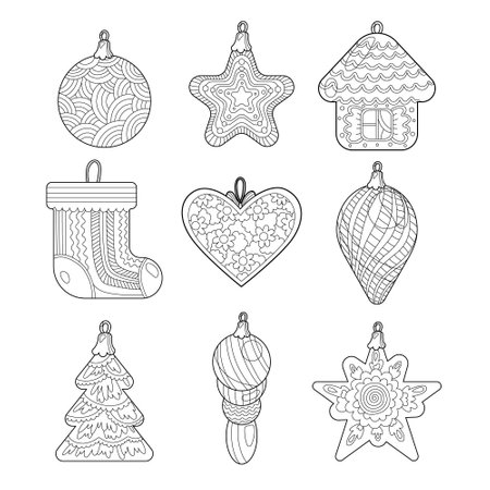 Christmas toys for decorating festive eve tree vector collection. Coloring book page for adult with doodle  elements isolated.のイラスト素材