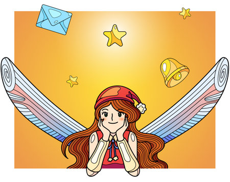 Fairy smiles getting letter, stars, bell. Vector Christmas book illustration of new year for decoration book, notebook, poster, cover, postcard.のイラスト素材