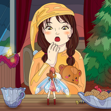 Girl meet fairy with cookies near Christmas tree tale. Girl laugh with fairy on shiny background. Vector Christmas book illustration of new year for decoration book, notebook, poster, cover, postcard.のイラスト素材