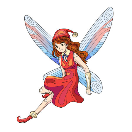 Christmas fairy fly and smile magic vector illustration for children isolated on white. Book art of new year for decoration notebook, poster, cover, postcard.のイラスト素材
