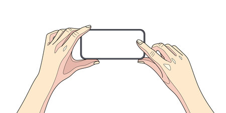 Horizontal vector mockup with hand drawn gesture hands and mobile phone. Touchscreen motto empty template isolated.のイラスト素材