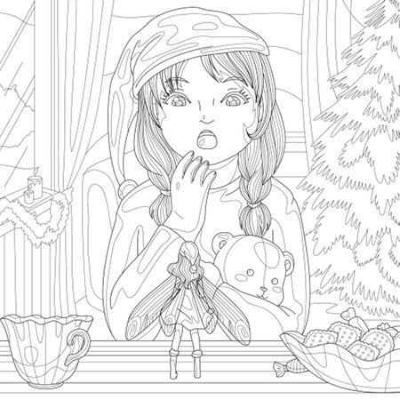 Girl meet fairy with cookies near Christmas tree night tale. Coloring book page for adult with doodle  elements. Vector hand drawn isolated.のイラスト素材