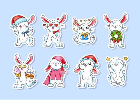 Cute sticker set with white cartoon rabbits with santa hat, pajamas, desserts, hearts, gift. Vector collection with funny baby animals for children, print, decoration, party.のイラスト素材