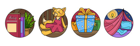 Vector set with children icons for web, app, game, stickers. Illustrations of fox toy, books, gifts, bedroom isolated graphic.のイラスト素材