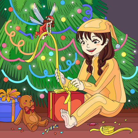Girl packing gifts with fairy near Christmas tree for holidays. Book illustration of new year for decoration book, notebook, poster, cover, postcard.の写真素材