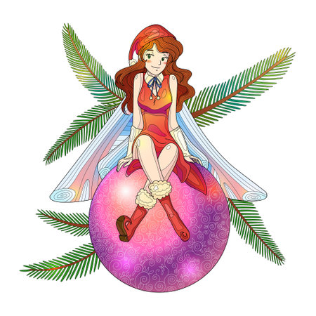 Fairy in santa hat sit on Christmas ball and smiles. Christmas book illustration of new year for decoration book, notebook, poster, cover, postcard.の写真素材