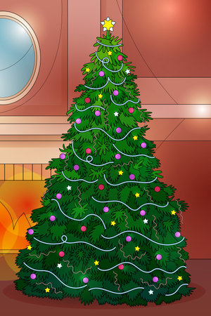 Christmas tree in home interior illustration. Festive decorated eve with garland, balls, ribbon, star for print, poster, gift.の写真素材