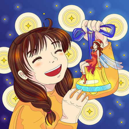 Girl laugh with fairy on shiny background. Christmas book illustration of new year for decoration book, notebook, poster, cover, postcard.の写真素材
