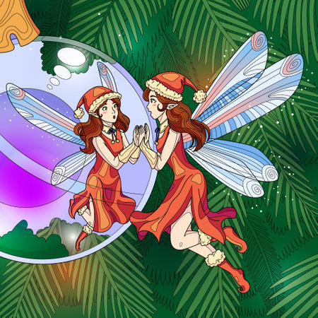 Christmas fairy look at toy ball on tree and see reflection. Fairytale book illustration of new year for decoration book, notebook, poster, cover, postcard.の写真素材
