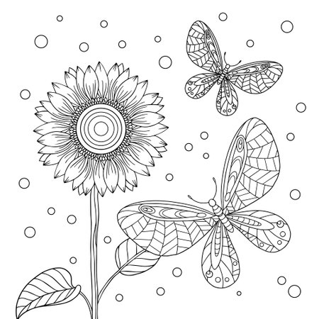 Summer line art with sunflower and butterflies. nature motives. Coloring book page for adult with doodle and elements. Vector hand drawn isolated.のイラスト素材