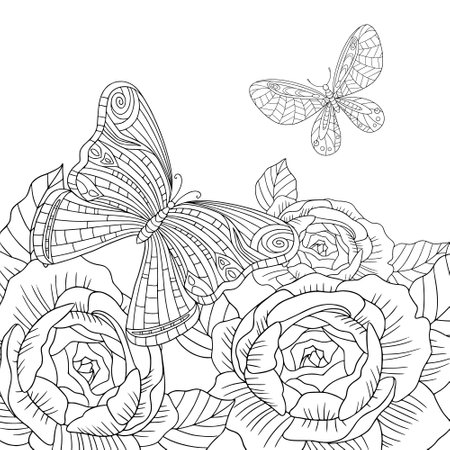 Field with flowers and butterflies. Coloring book page for adult with doodle and elements. Vector hand drawn isolated.のイラスト素材