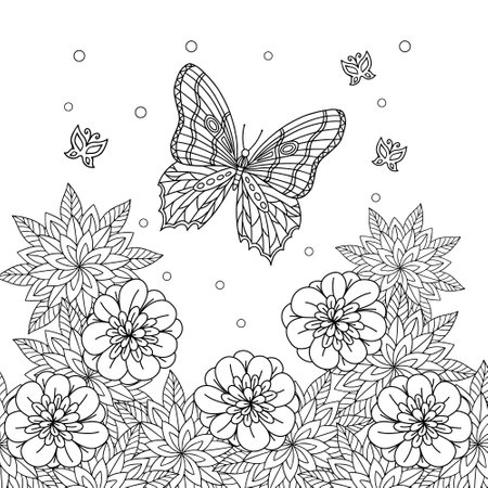 Romantic floral line art with flowers and butterflies. Coloring book page for adult with doodle and elements. Vector hand drawn isolated.のイラスト素材