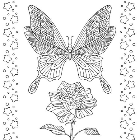 Elegant butterfly with rose romantic line art. Coloring book page for adult with doodle and elements. Vector hand drawn isolated.のイラスト素材