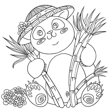 Cute little cartoon panda in hat with bamboo. Coloring book page for children with doodle elements. Vector hand drawn isolated.のイラスト素材