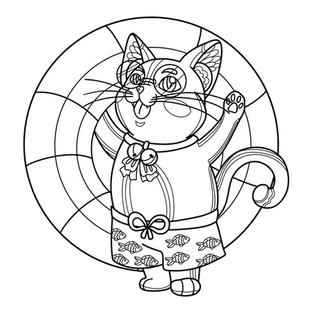 Funny summer cartoon illustration. A cat in sunglasses and shorts with a lifebuoy. Happy vector line art. Hand draw doodle for coloring book pages for children and adult.のイラスト素材