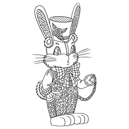 Funny rabbit boy in cute suit with big hat and with a watch on the paw. Vector outline illustration for coloring book for relax. Fairy tale line art.のイラスト素材