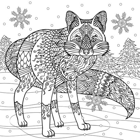 Wolf at forest in winter with snowflakes. Coloring book page. Isolated graphic of wild predator animal with doodle, pattern elements. Christmas snowy vector illustration for anti stress.のイラスト素材
