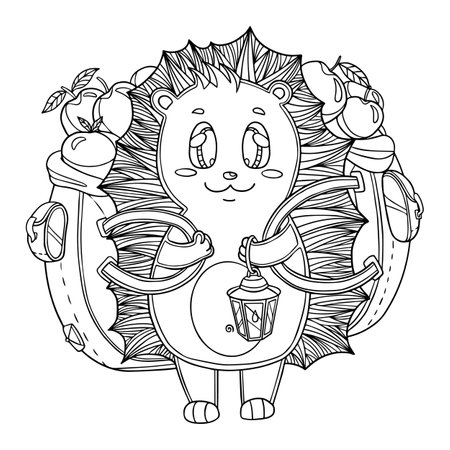 Cartoon hedgehog with big hiking backpack and apples. Cute childish animal with lantern. Vector hand drawn illustration. Coloring book page for adult. Line art with pattern elements. Relaxing at home.のイラスト素材