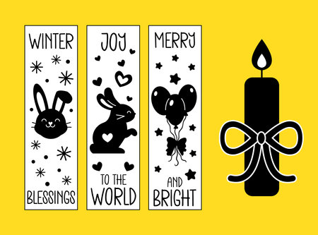 Vector templates with bunnie, balloon, decor and greeting words. Set of bookmarks, prints for vertical candles, cards.のイラスト素材