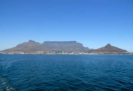 Full view of Table Mountain from boat to Robben Island, Cape Town, South Africaの写真素材