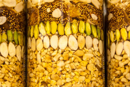 Preserved nuts and fruit in jar, Istanbul, Turkeyの写真素材