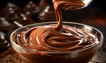 Chocolate cream pouring from a spoon into a glass bowl, closeupの素材