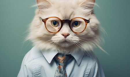 Portrait of a persian cat wearing glasses and a shirt with tieの素材