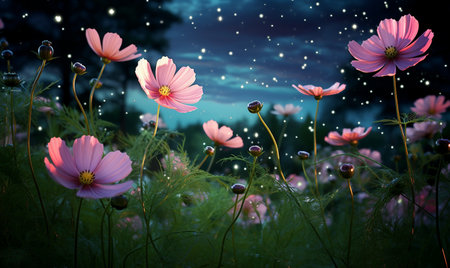 Cosmos flowers in the meadow and night sky with stars.の素材