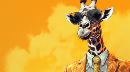 Portrait of a giraffe in a suit and sunglasses on a yellow backgroundの素材