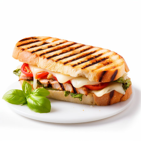 Sandwich with chicken, cheese and vegetables on a white background.の素材
