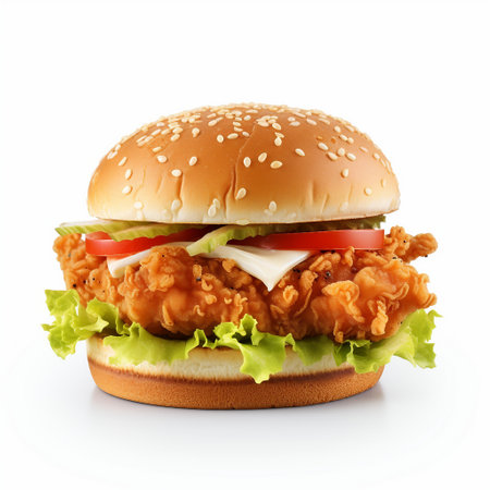 Big hamburger with fried chicken and vegetables isolated on white background.の素材