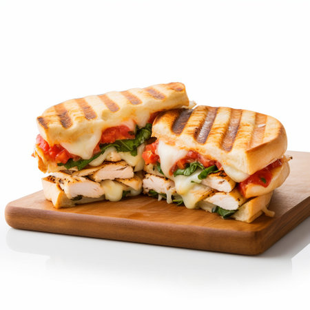 Sandwich with chicken, cheese and vegetables on a white background.の素材