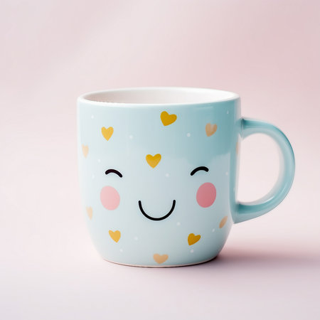 Ceramic cup with smiley face on pastel pink backgroundの素材
