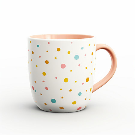Colorful polka dot mug isolated on white background. 3D illustration.の素材