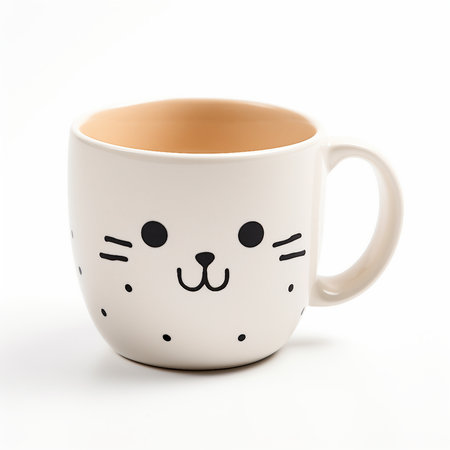 Coffee mug with funny face isolated on a white background.の素材
