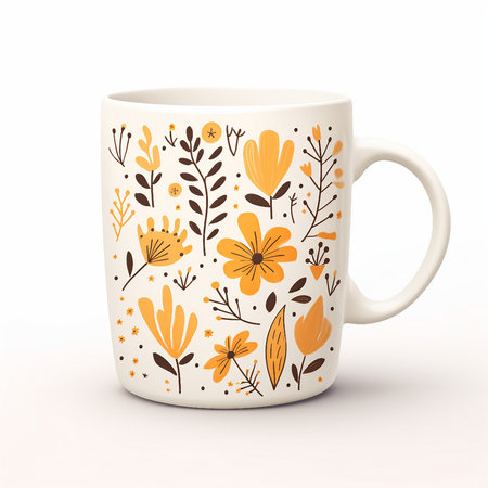 Cup of coffee with floral pattern on a white background. 3d rendering.の素材