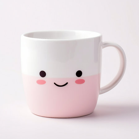 Ceramic cup with smiley face on a white background.の素材
