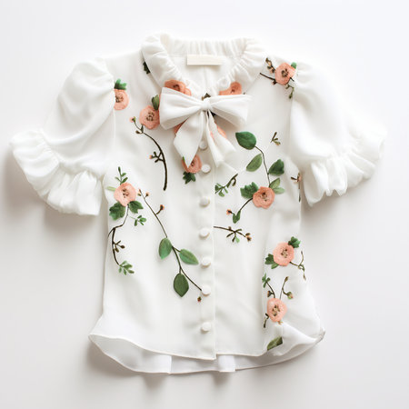 Children's blouse with floral pattern on white background, top viewの素材