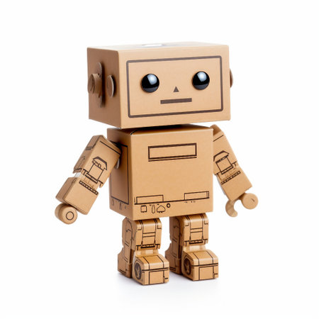Cute cardboard robot isolated on white background. 3d illustration.の素材