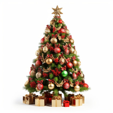 Decorated Christmas tree isolated on white background. 3D illustration.の素材