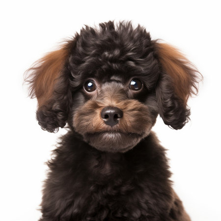 Portrait of a cute black poodle puppy on a white backgroundの素材