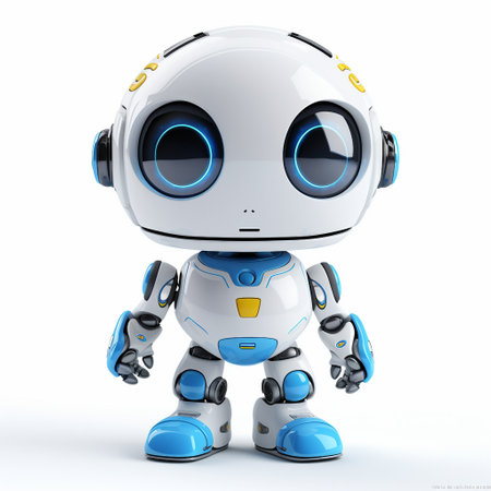 3D render of a cute little robot isolated on white background.の素材