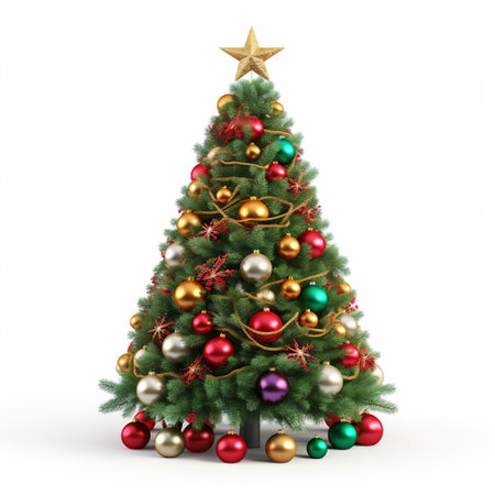 Christmas tree with baubles isolated on white background. 3d renderの素材
