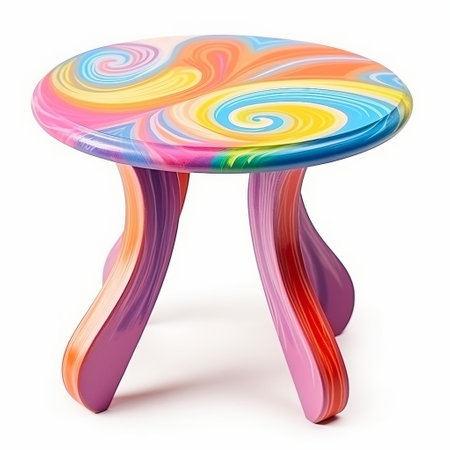 3d render of colorful round table on white background with shadow.の素材
