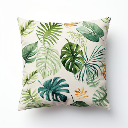 Pillow with tropical leaves on white background. 3d renderingの素材